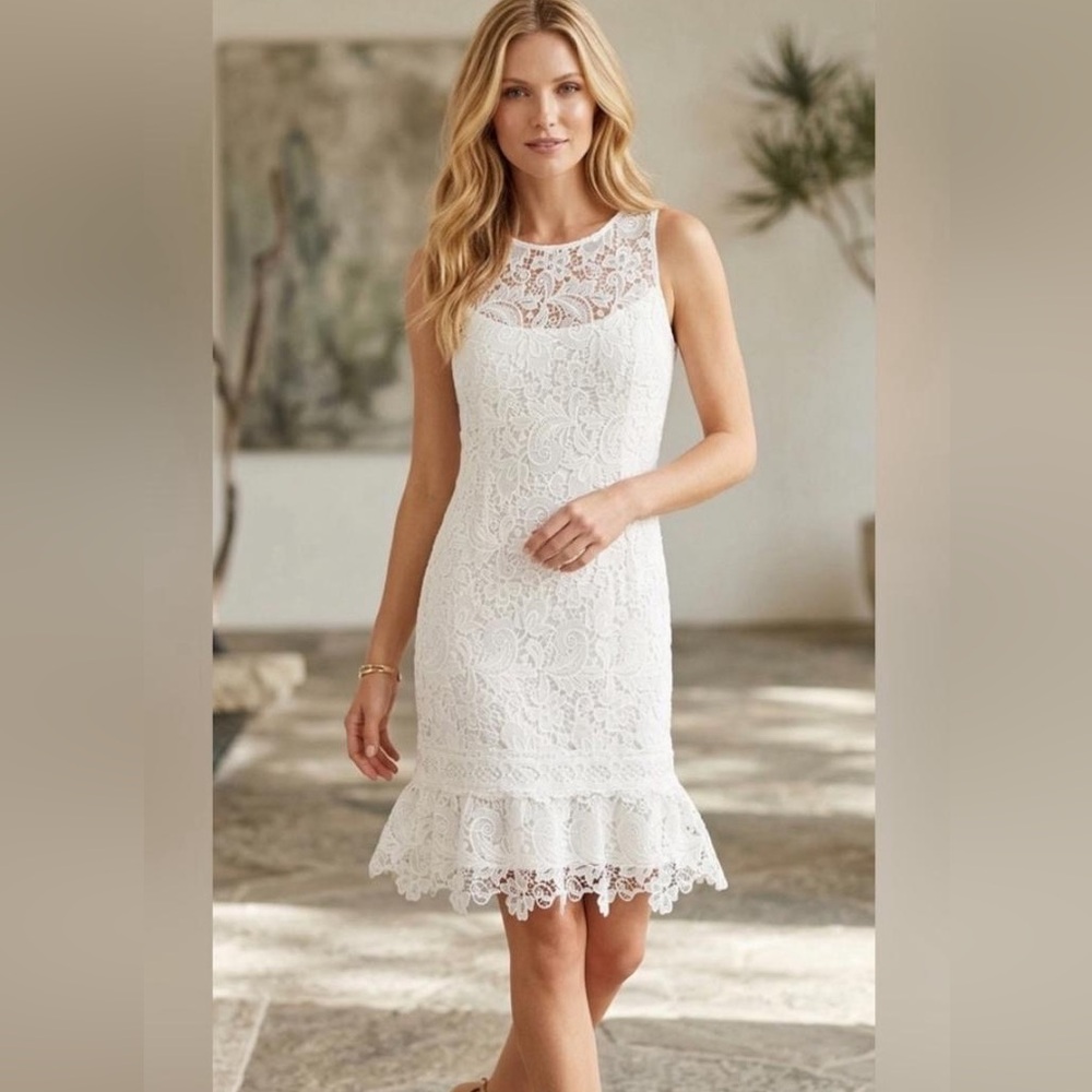 White House Black Market White Lace Floral Pattern Flounce-Hem Shift Dress (NWT)